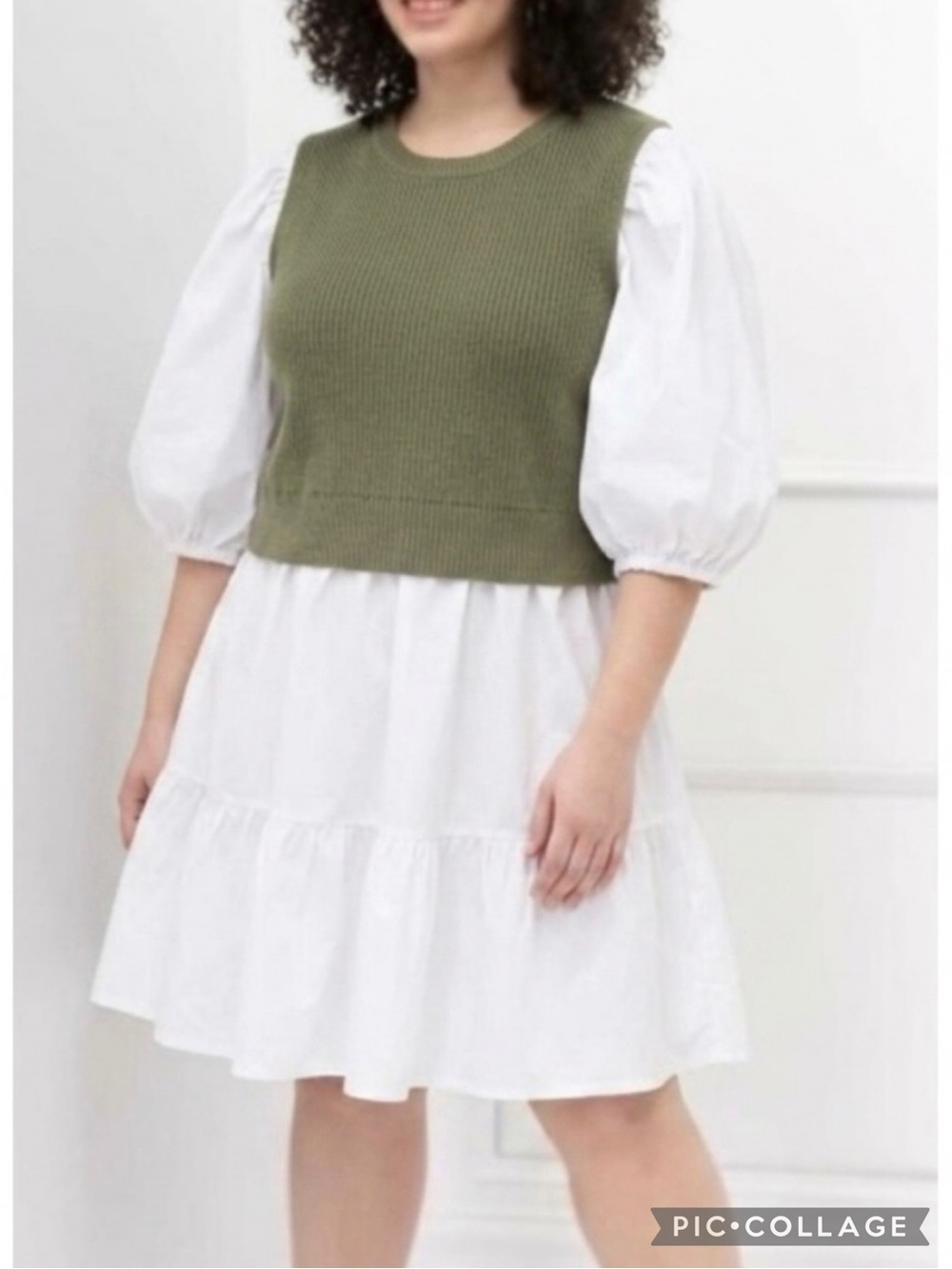 Eloquii Elements Dress Cotton Knit Mixed Media White Sage Green 18/20 Preppy